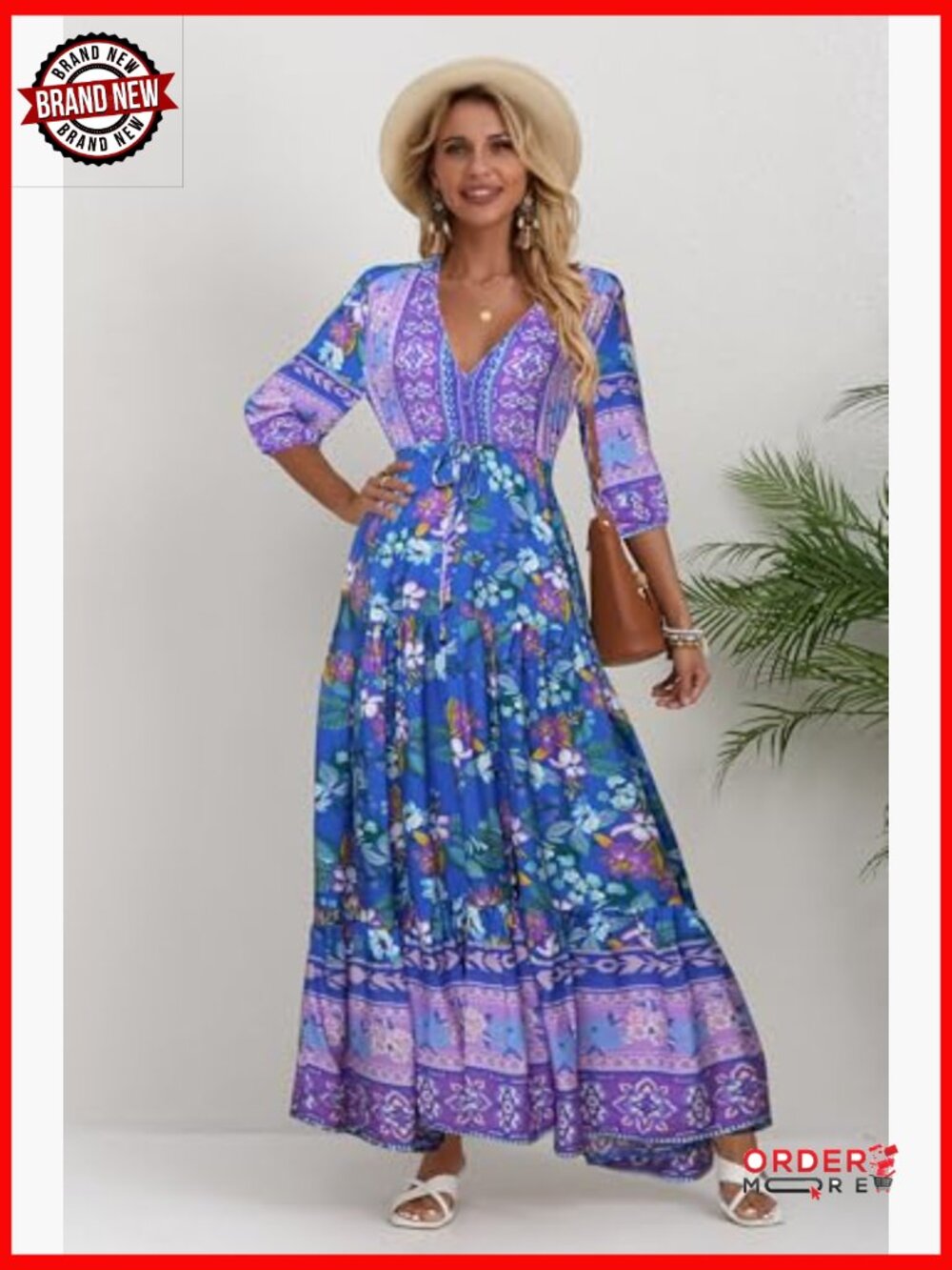 V Neck Floral Print Maxi Dress Bohemian Casual Short Sleeve - Picture 6 of 7